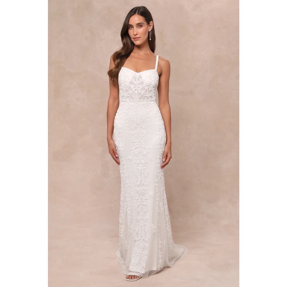 Lulus Momentous Love White Beaded Bustier Mesh Mermaid Maxi Dress Size XS